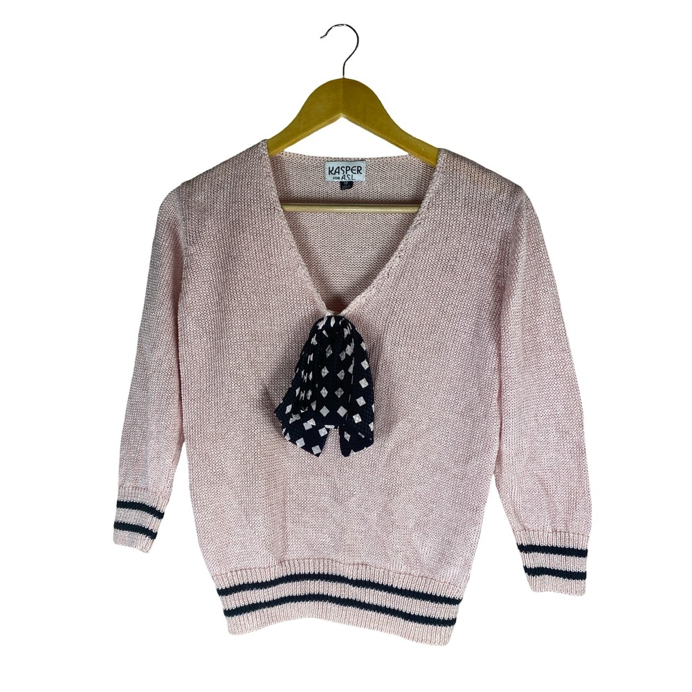 Vintage Kasper for ASL Pink Linen Blend V-Neck Sweater Bow Size 10 50's inspired